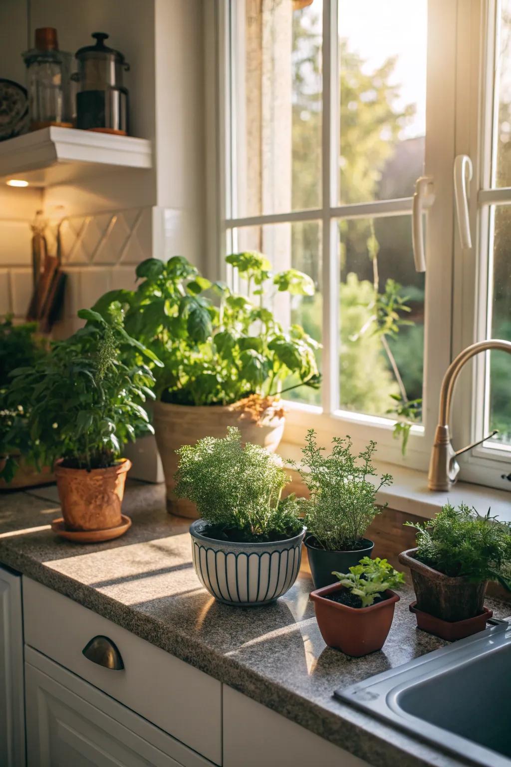 Greenery that infuses the cooking area with natural charm.