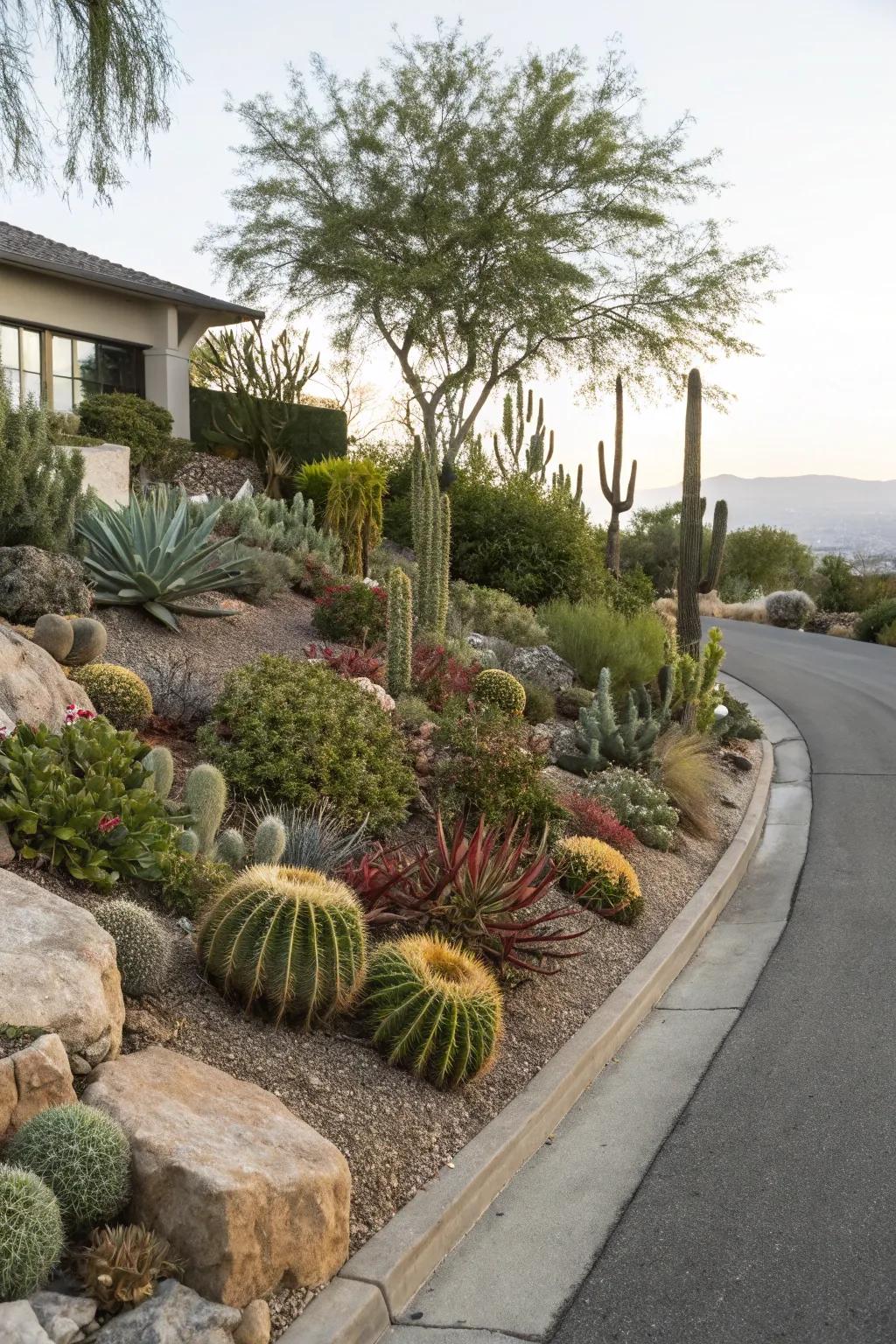 Cacti and succulents bring a distinctive flair to the berm.