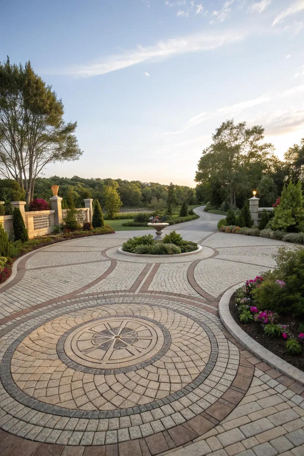 A grand round driveway blends sophistication and practicality.