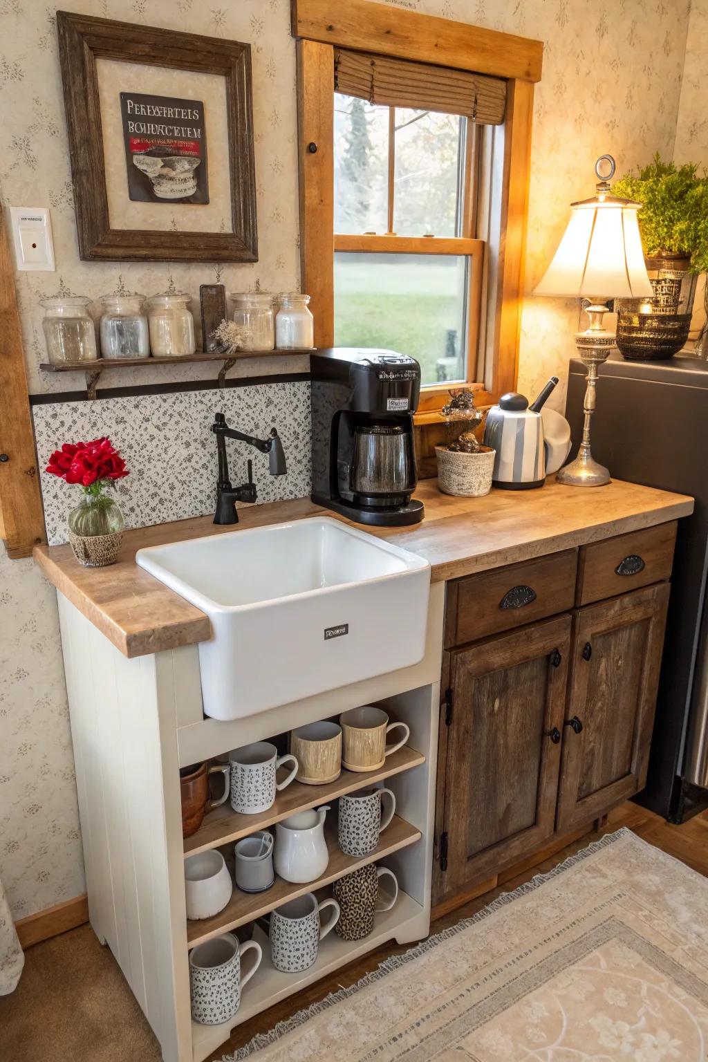 A comfortable coffee corner created from an antique cabinet sink.