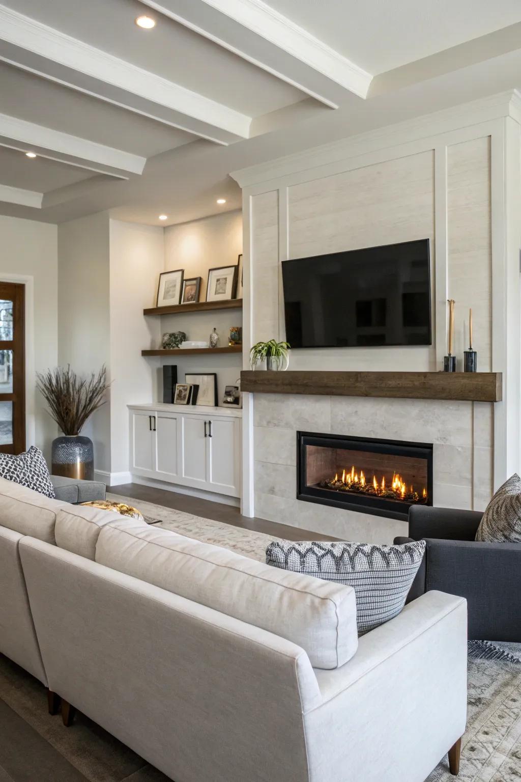 A drywall fireplace integrated with a display panel, establishing a modern amusement sector.