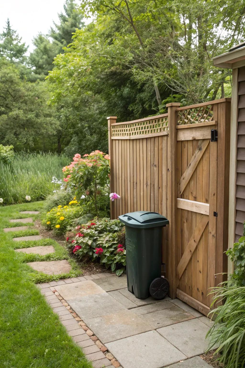 Seclusion fences enhance looks while concealing trash receptacles.