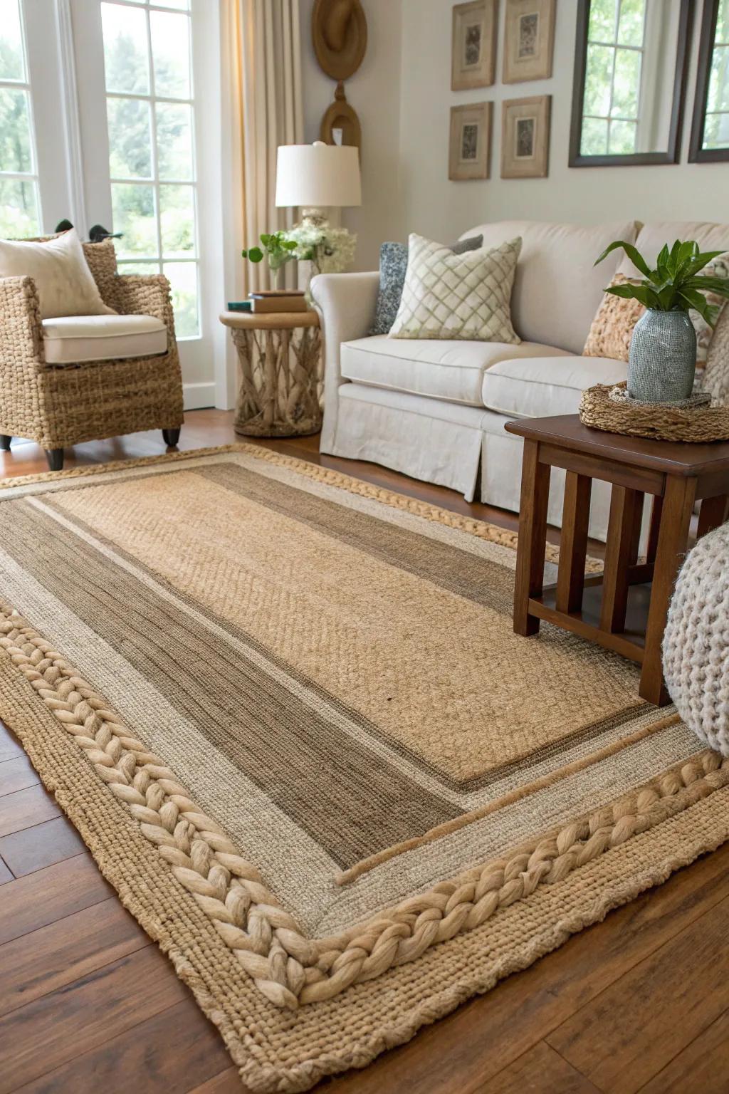 Lounge showcasing stratified undisturbed fiber rugs.