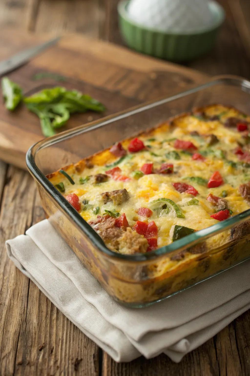 Savory morning bake, a filling brunch choice.