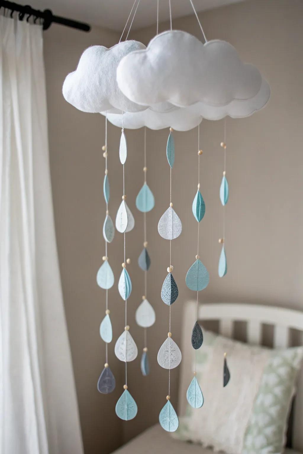 Bring the tranquility of spring showers indoors with this charming precipitation celestial mobile.