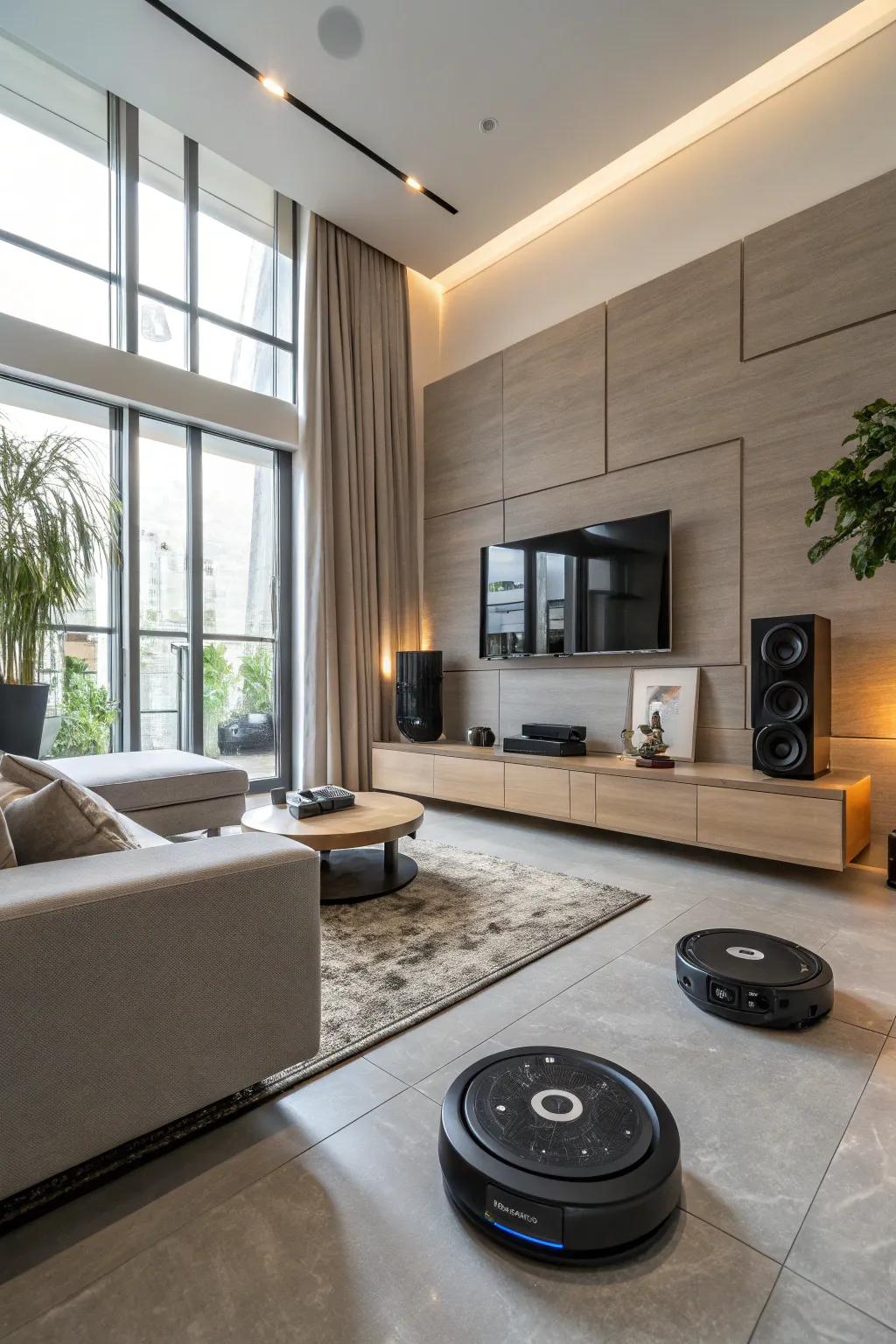 A modern living room equipped with smart home technology for enhanced energy efficiency.