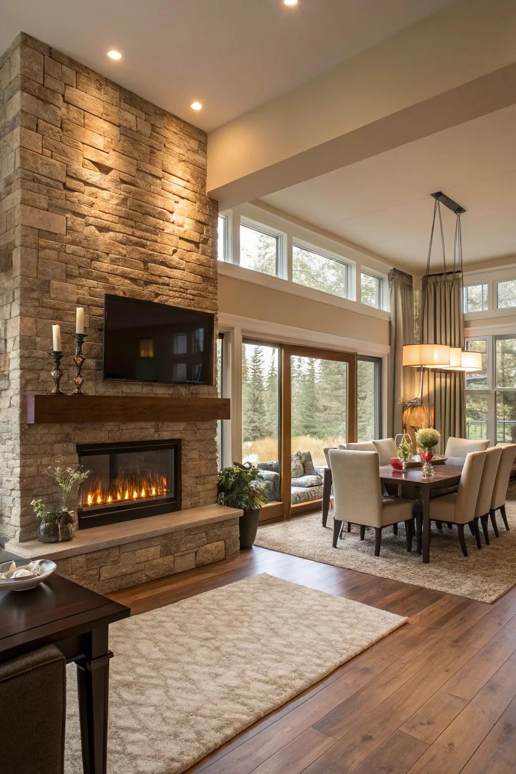 An open-layout living area featuring an electric heat center as a partition