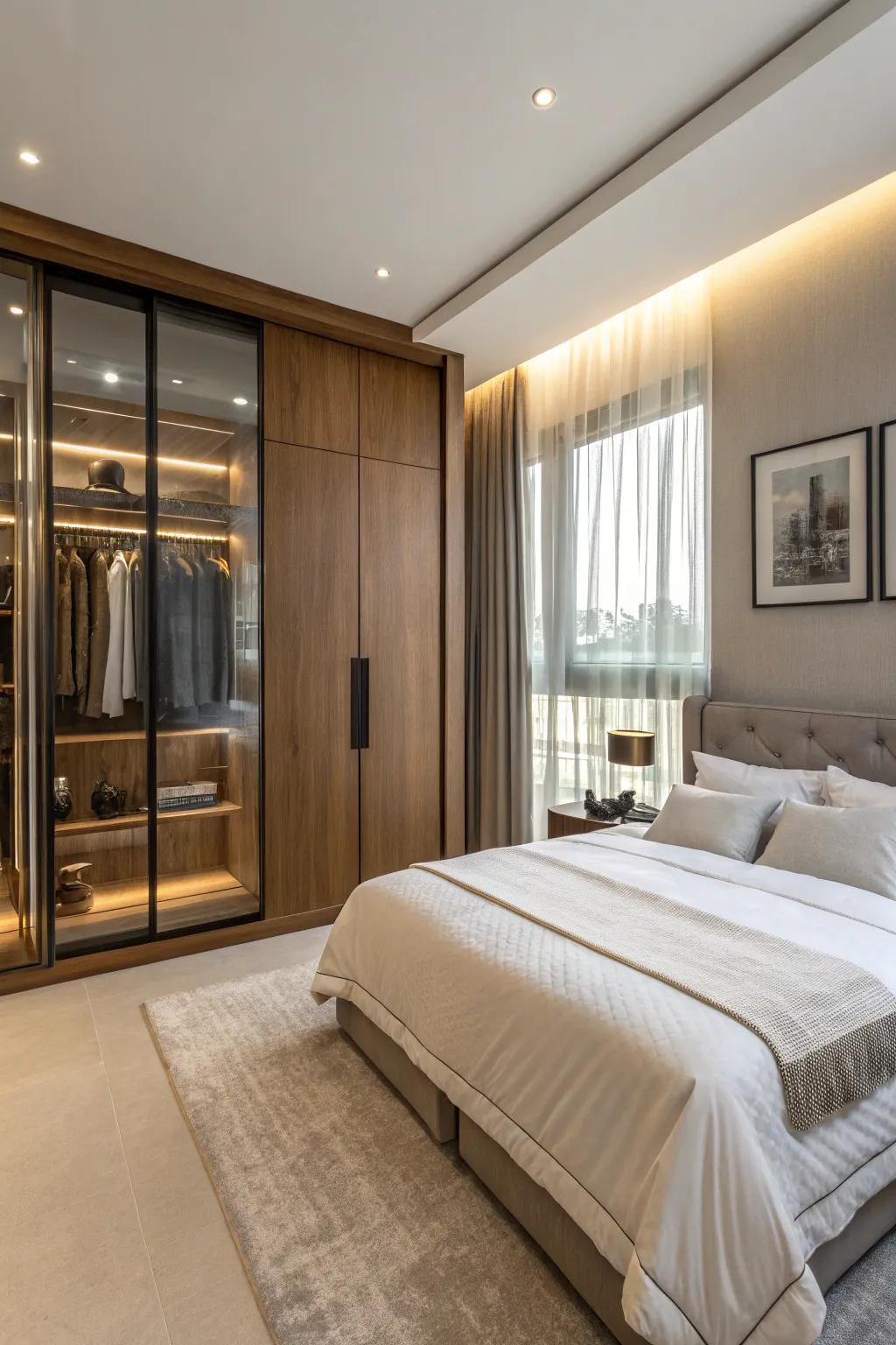 A bedroom featuring a fashionable and useful built-in wardrobe.