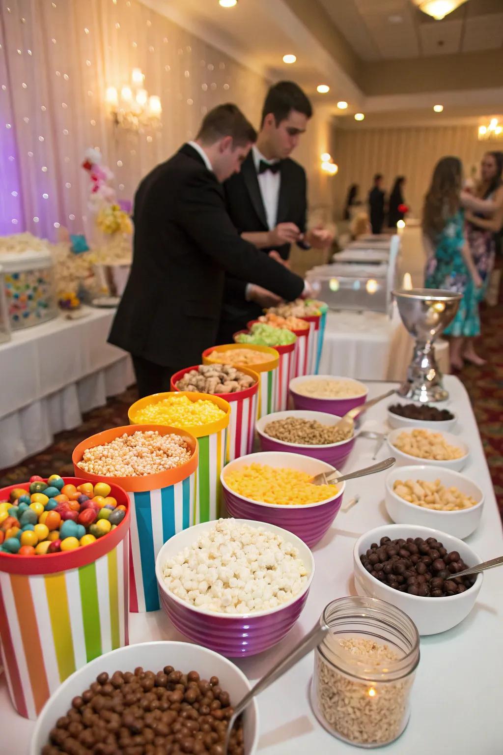 An engaging mix-in area, offering attendees a chance to personalize their popcorn with various treats.