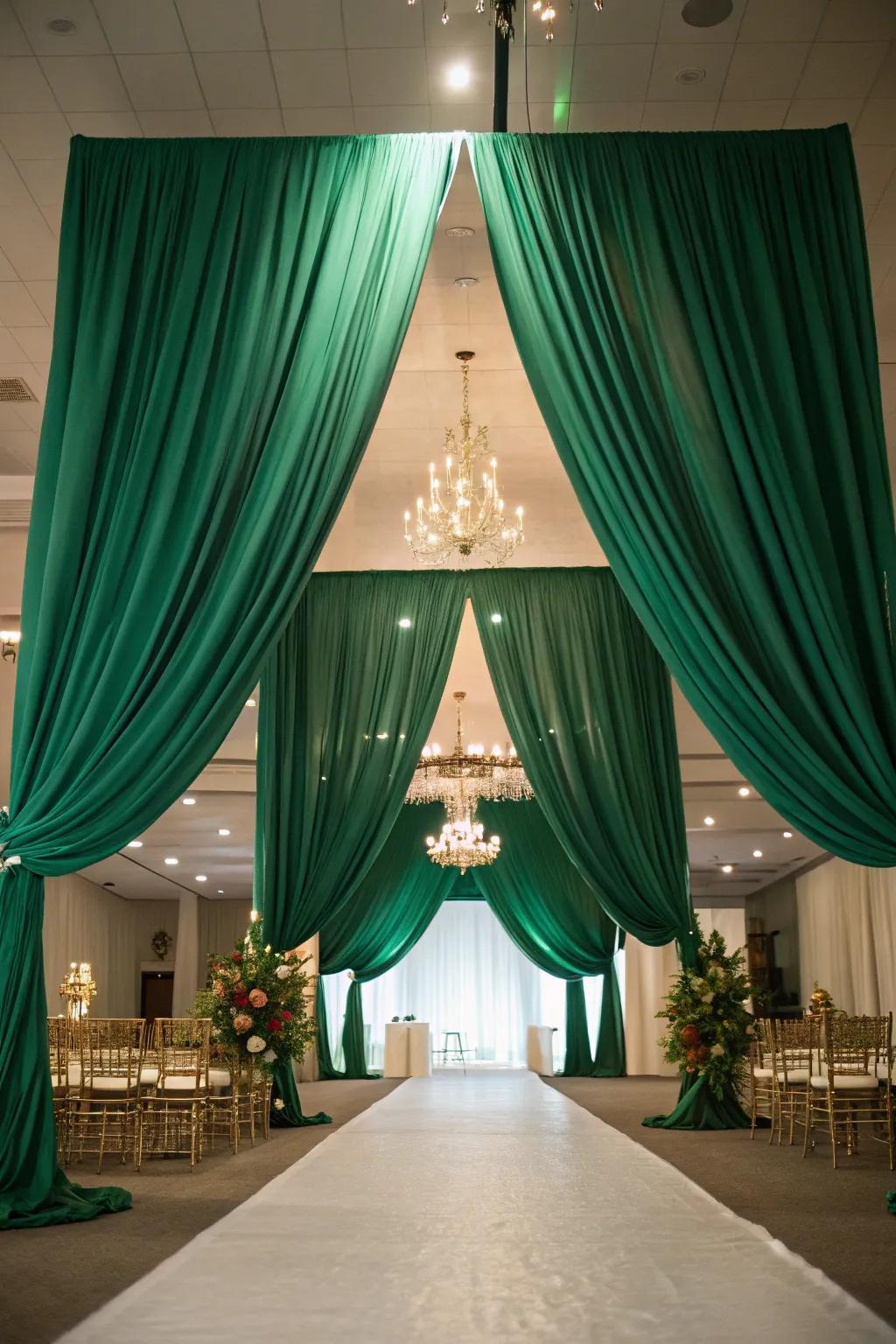 A venue transformed by elegant teal drapery.