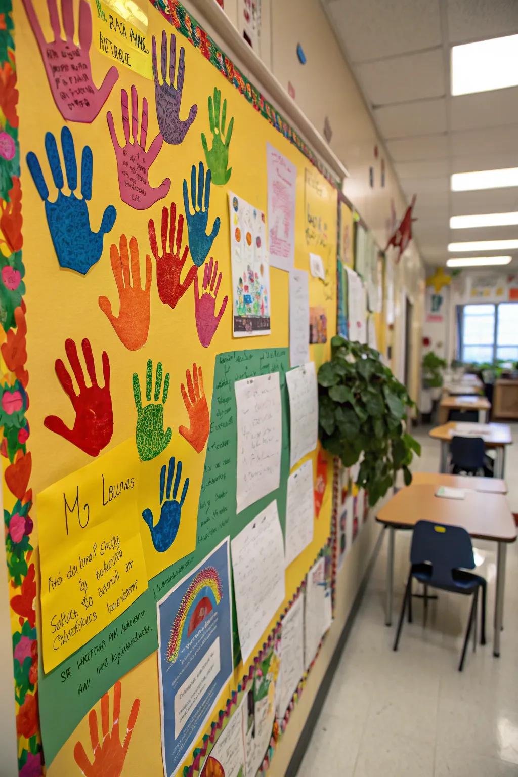 A personalized display featuring student handprints and messages.