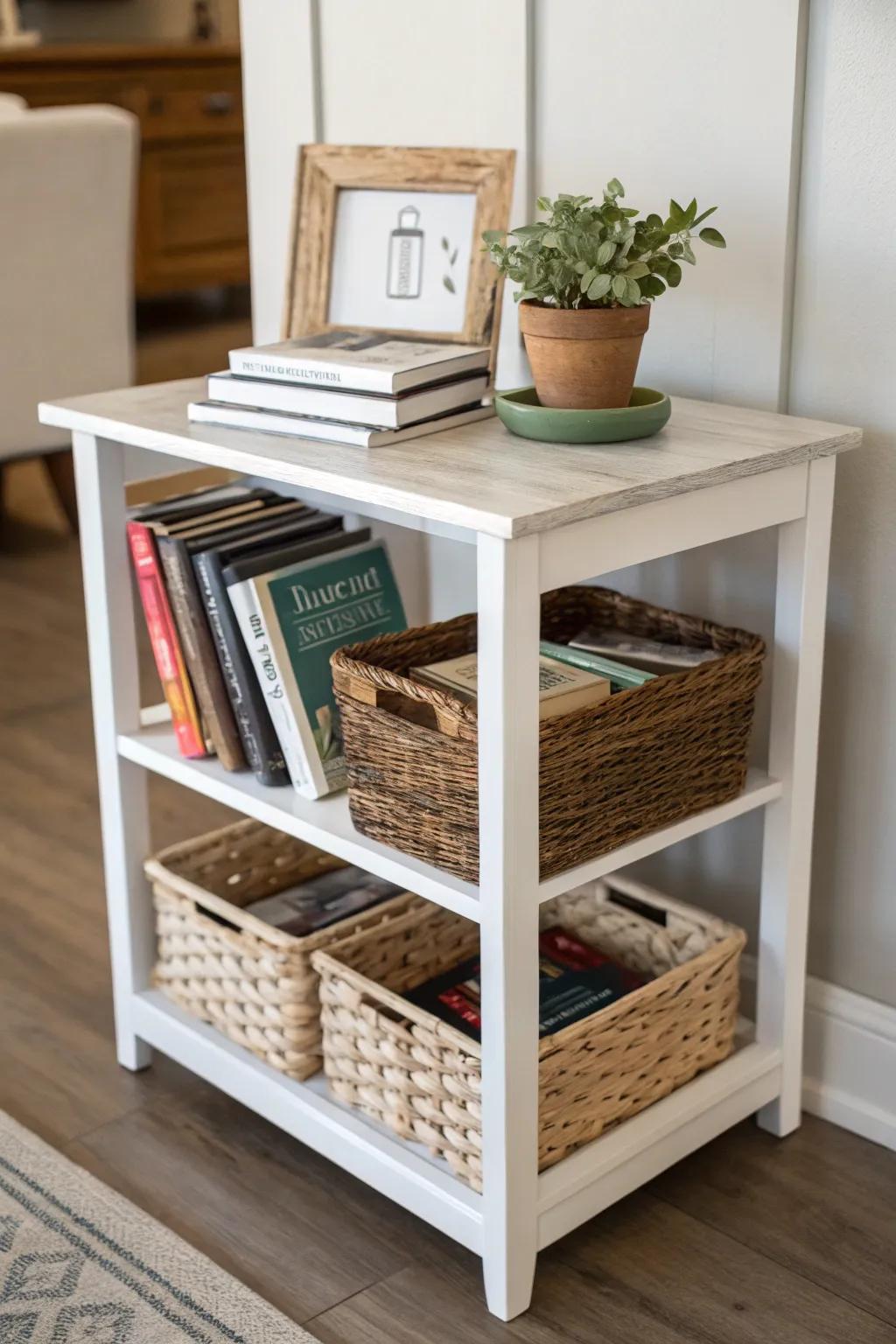 Shelves beneath a side table offering extra storage and elegance.