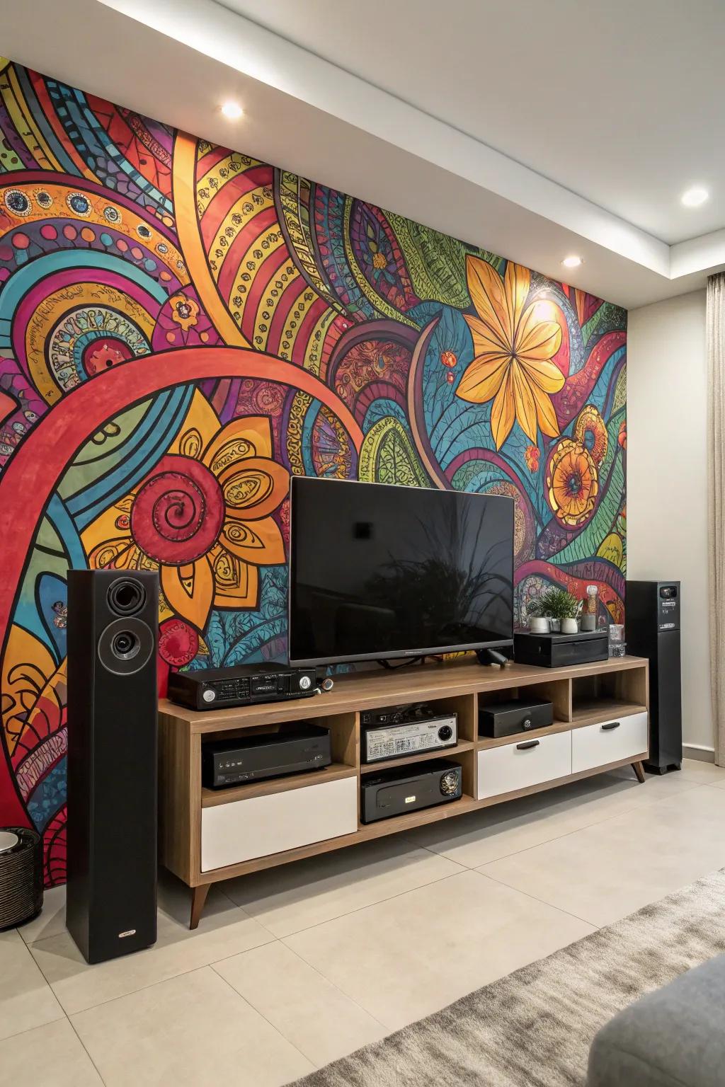 A grand artwork serves as a compelling backdrop for this entertainment space.