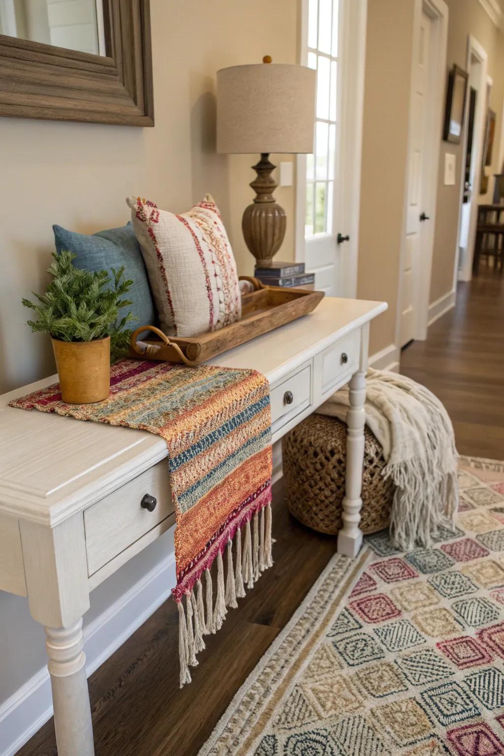 Fabrics amplify warmth and texture within your entrance.