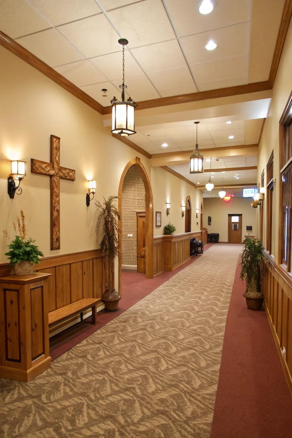 A palette of soft and inviting colors establishes a soothing mood in the church foyer.