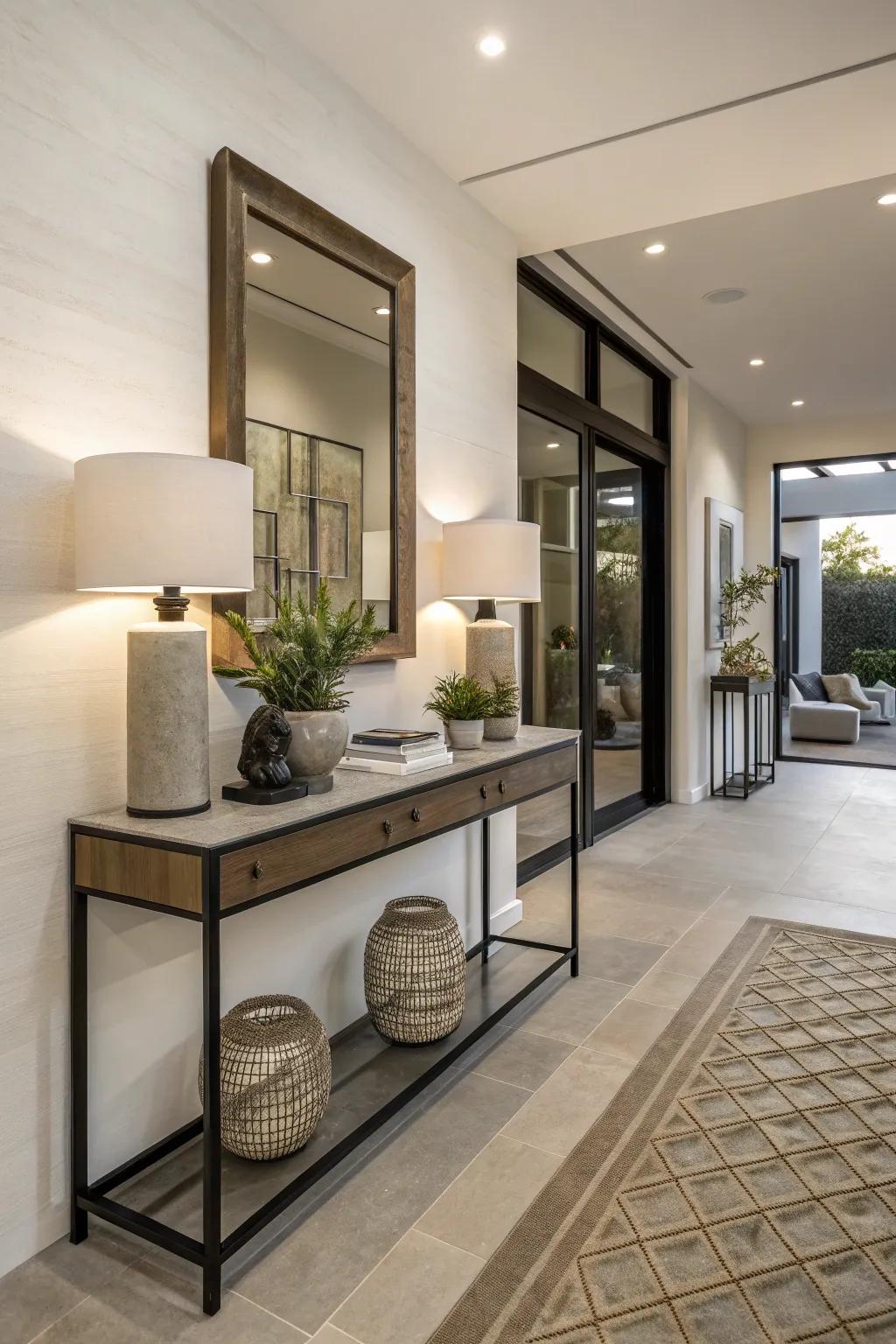 An entryway showcasing a slim console table that harmonizes practicality and style.