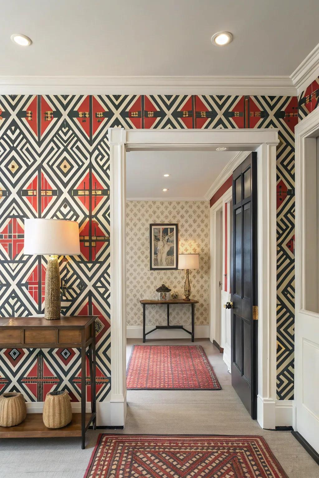 Stunning wallpaper crafts a vibrant entryway.