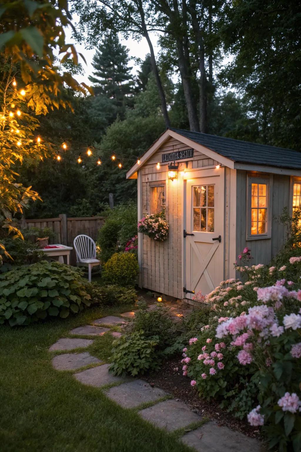 Solar lighting adds ambiance and functionality.