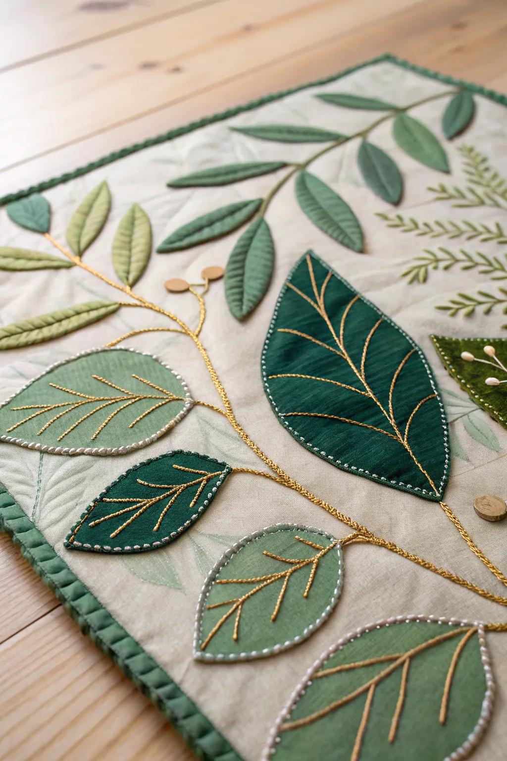 Embrace nature's refinement with this stunning fabric collage, where lush greens and gleaming threads intertwine.