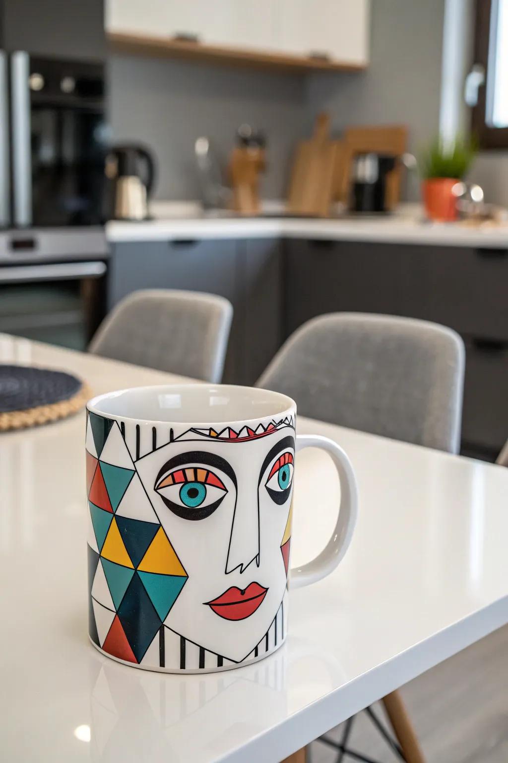 A geometric facial mug that mixes modern art with functional layout.