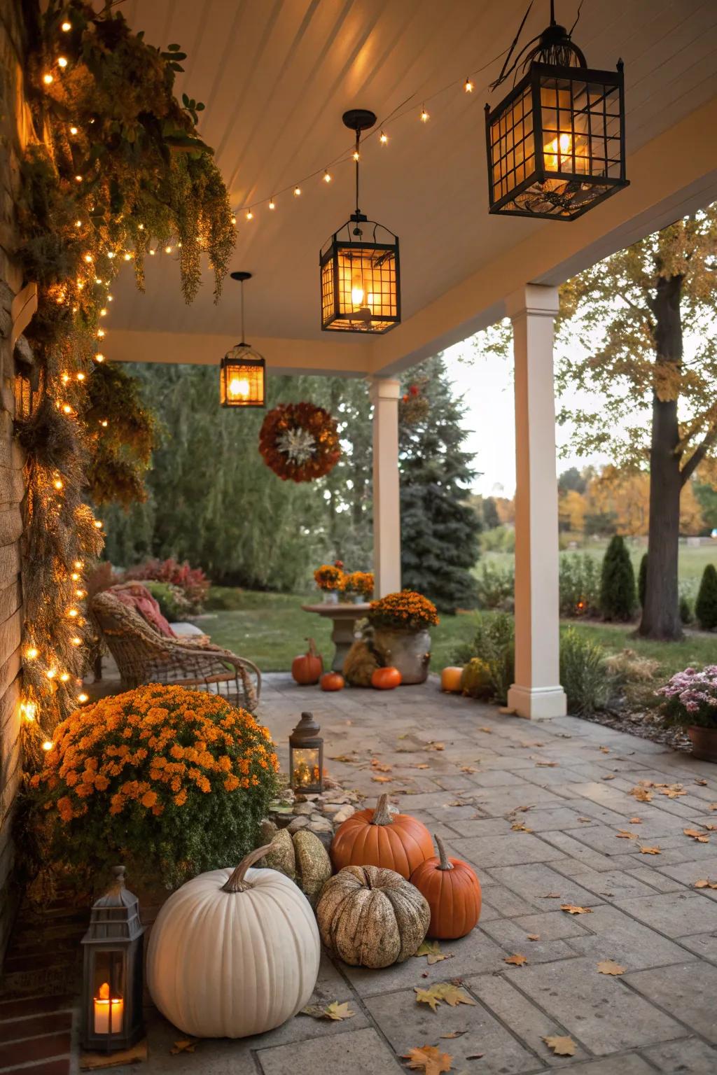 Lanterns provide ambient lighting for a cozy fall patio setup.