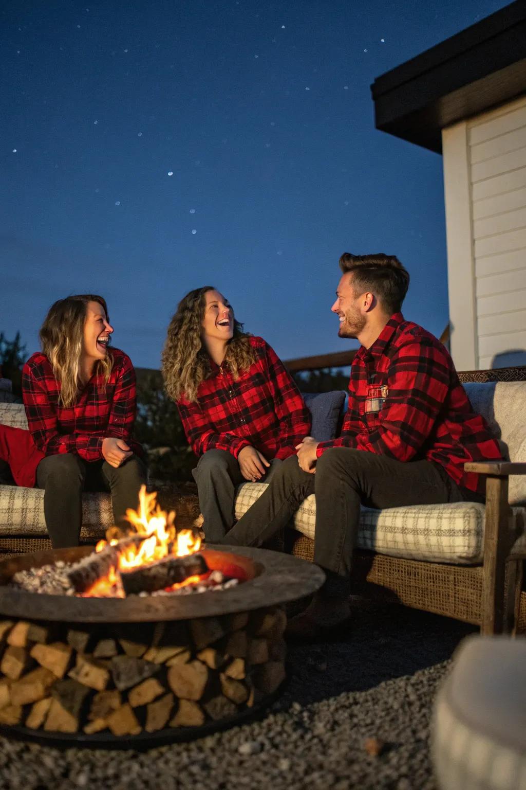 A cozy flannel-themed gathering surrounding a fire pit.