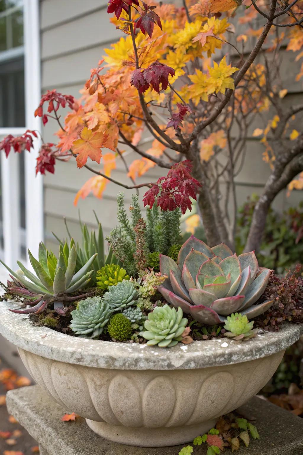 Succulents introduce a contemporary, textured contrast to your fall setups.