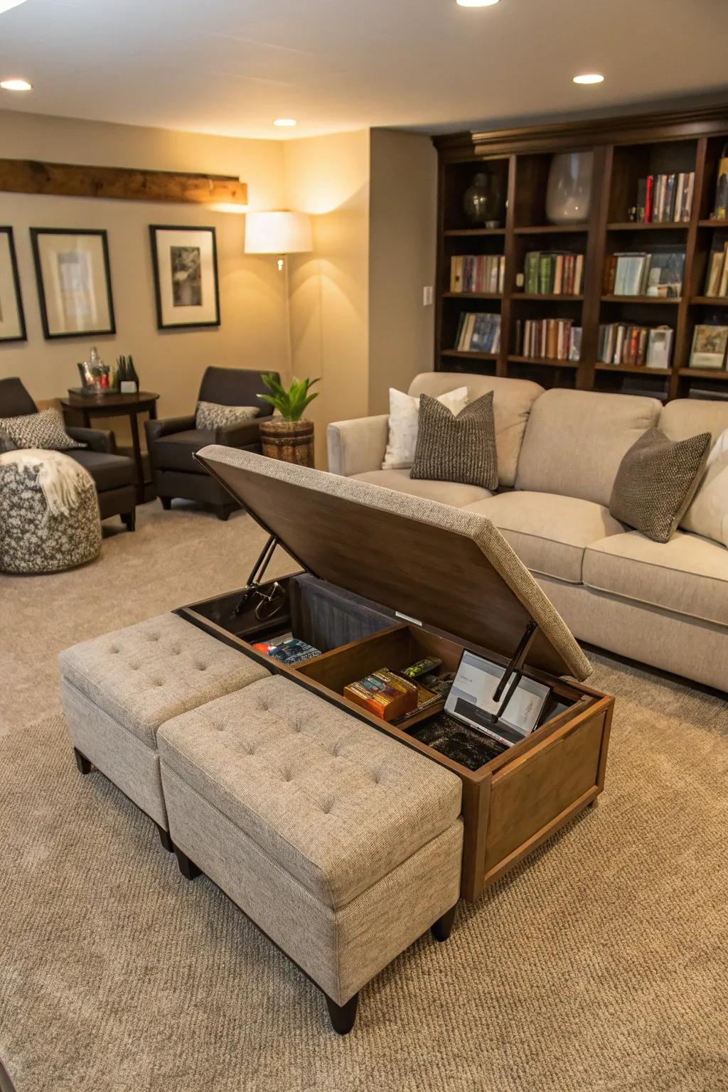 A family room displaying dynamic multi-purpose furniture.