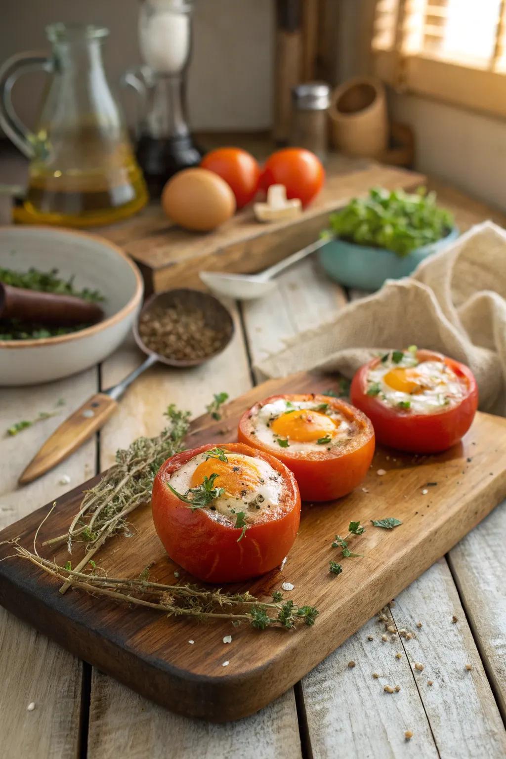 Eggs in tomato shells deliver a juicy and fresh twist.