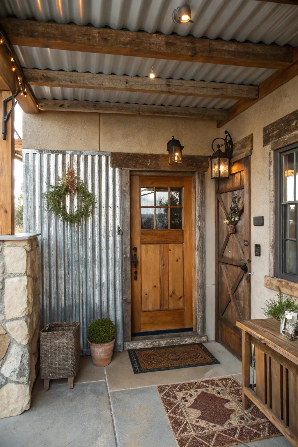 An entryway with industrial flair incorporating galvanized steel accents.