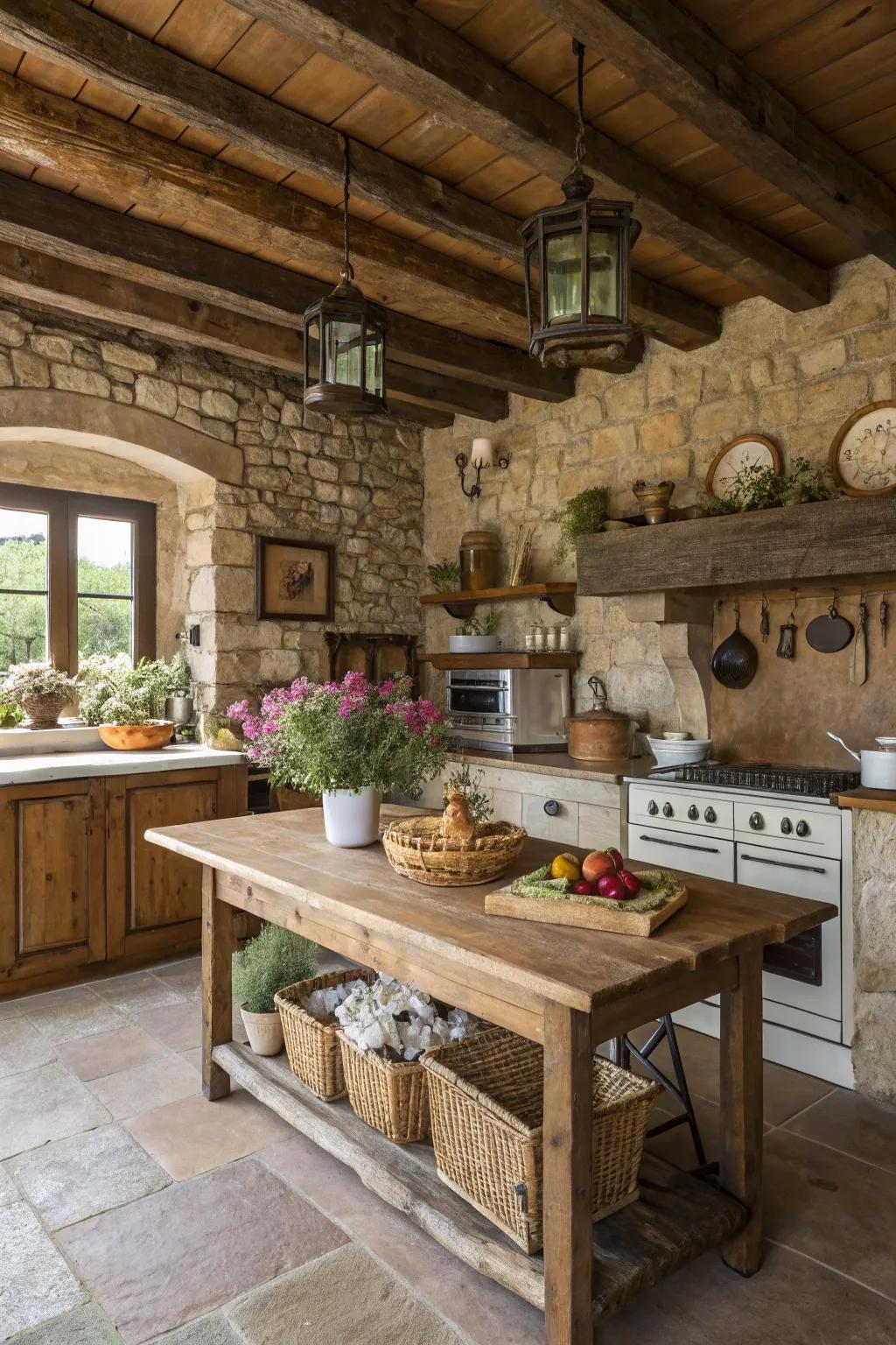 Natural stone details adding earthy elegance to a country-style cooking space.