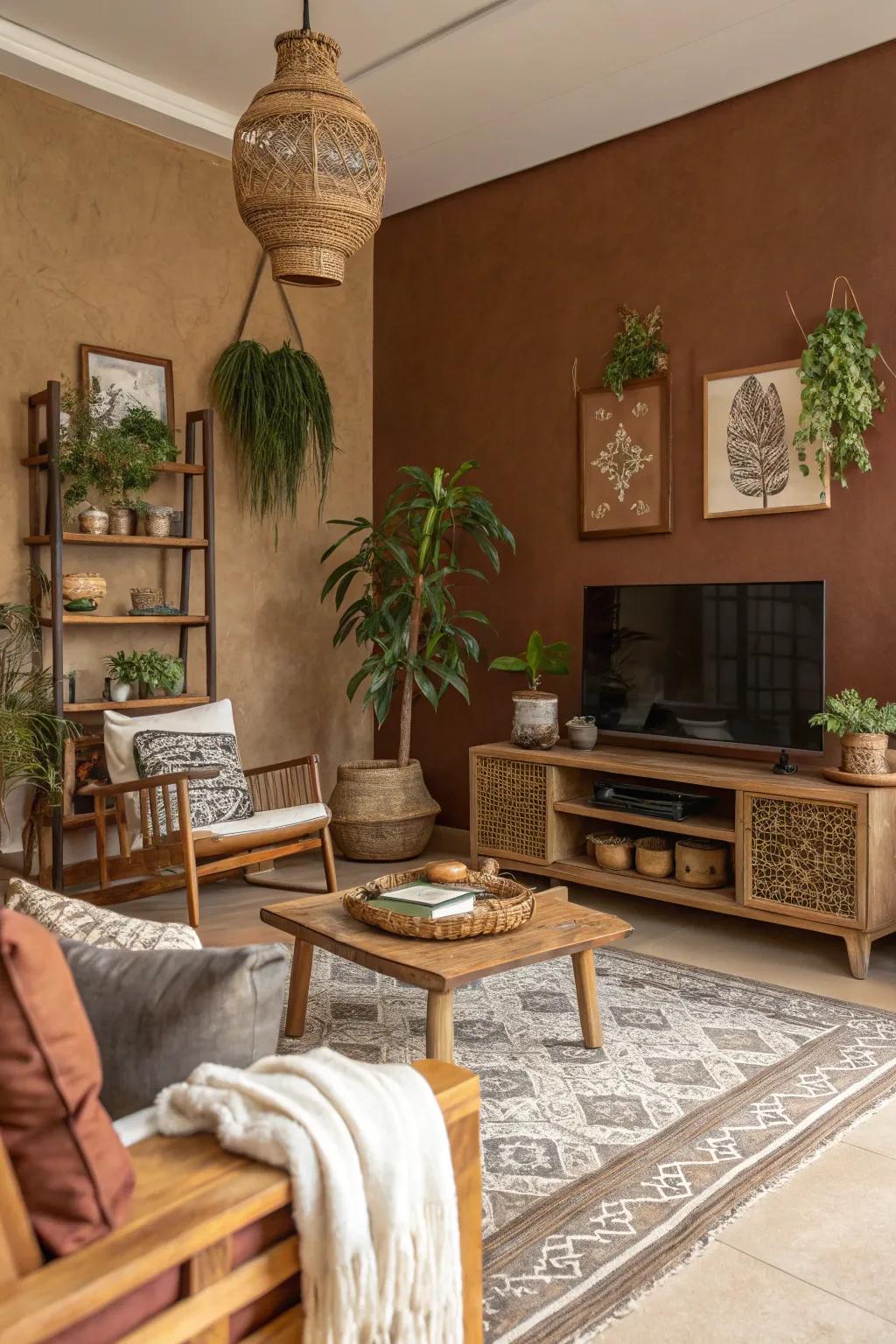 Natural brown walls establish a comforting, inviting background.