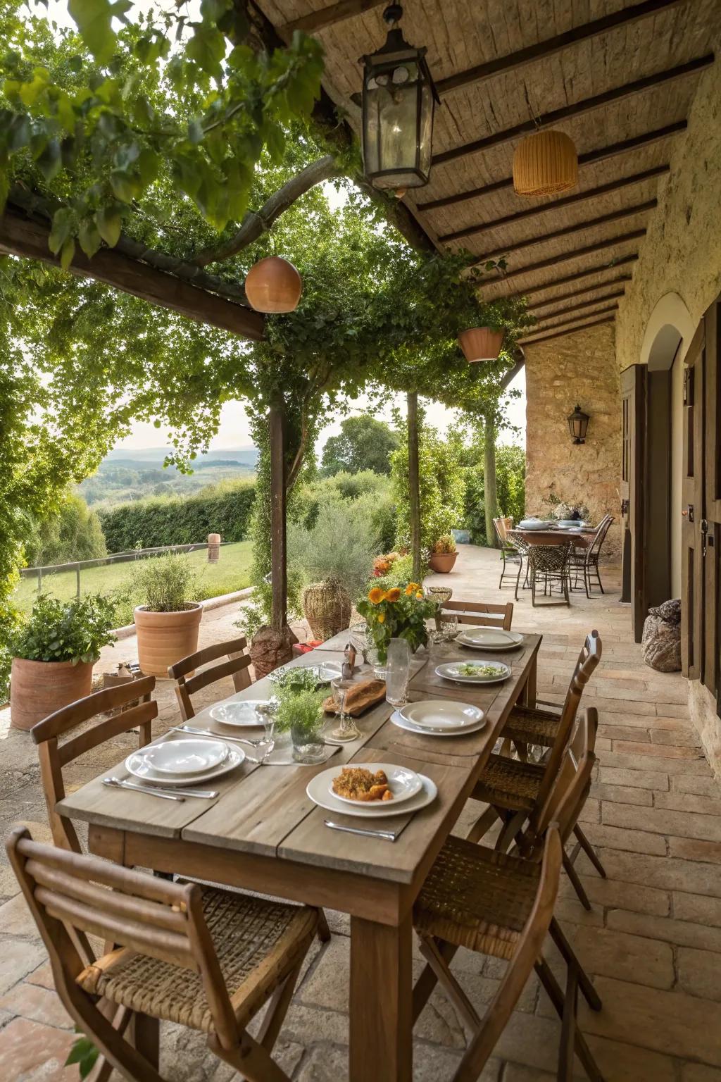 An outdoor dining space ready for a farmhouse-style gathering.