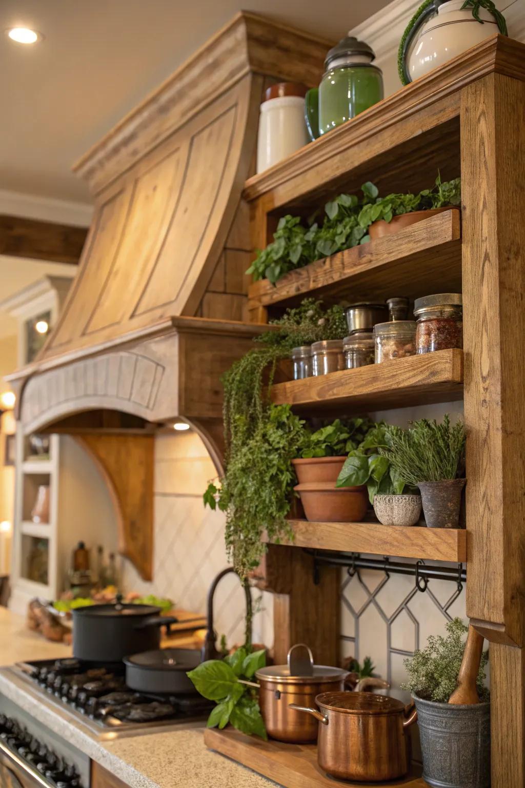 Integrated racks on a vent hood offer additional storage.