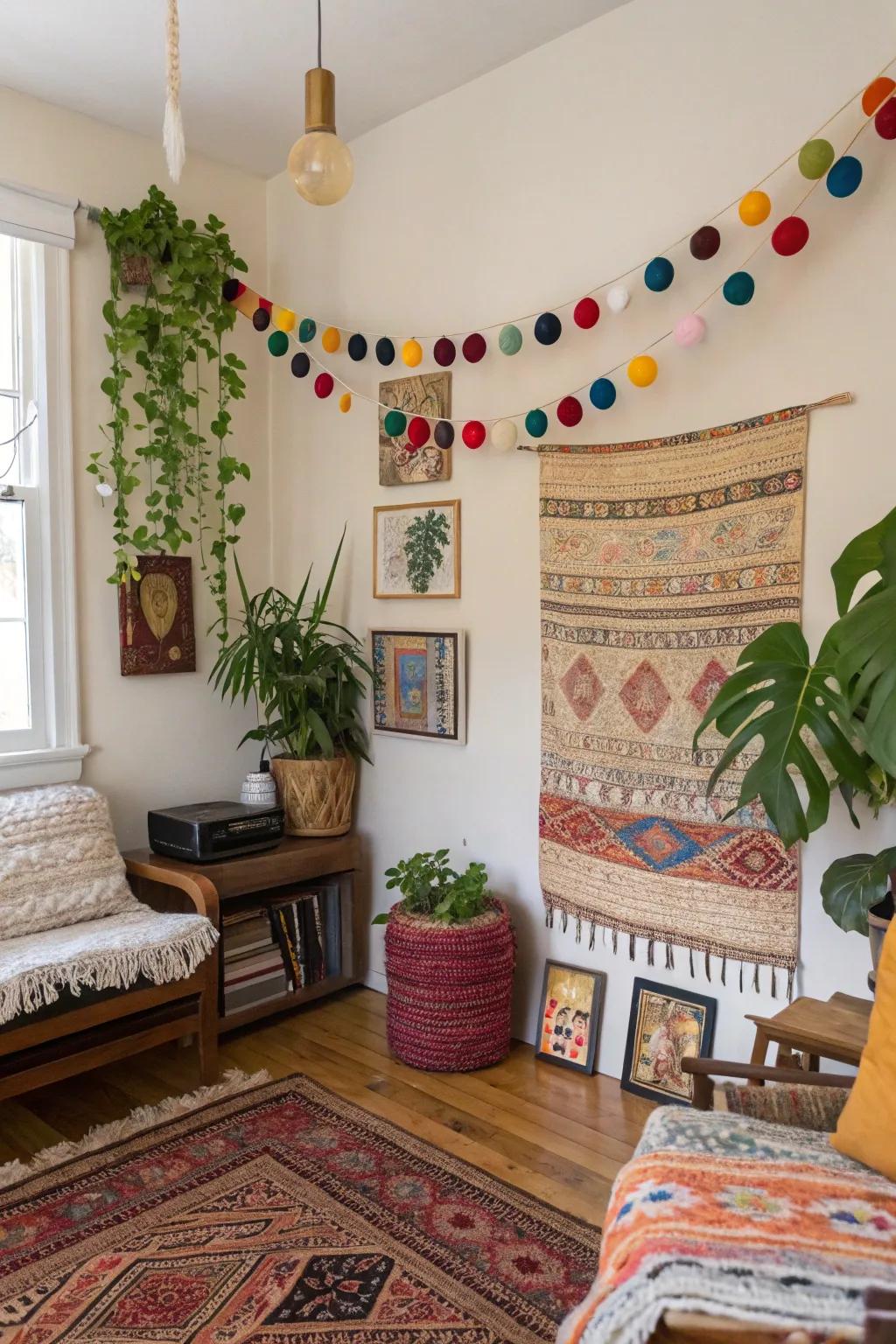Felt garlands transform simple walls into captivating bohemian showpieces.