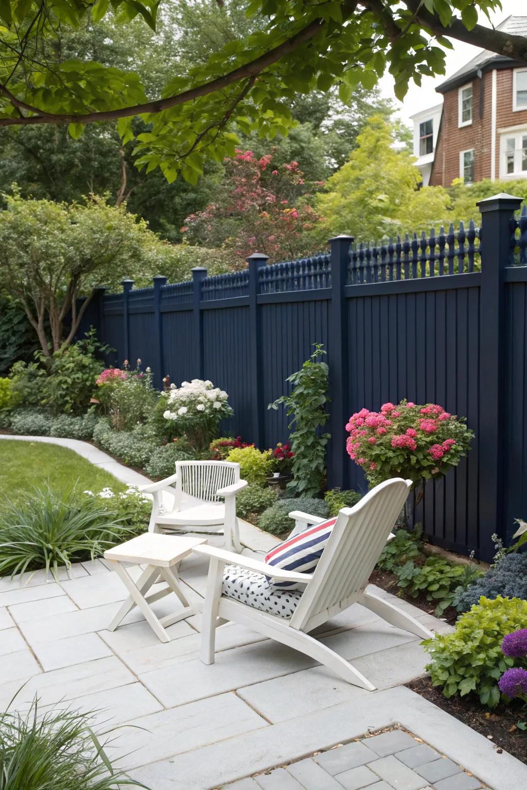 Indigo fences add depth and elegance to garden spaces.