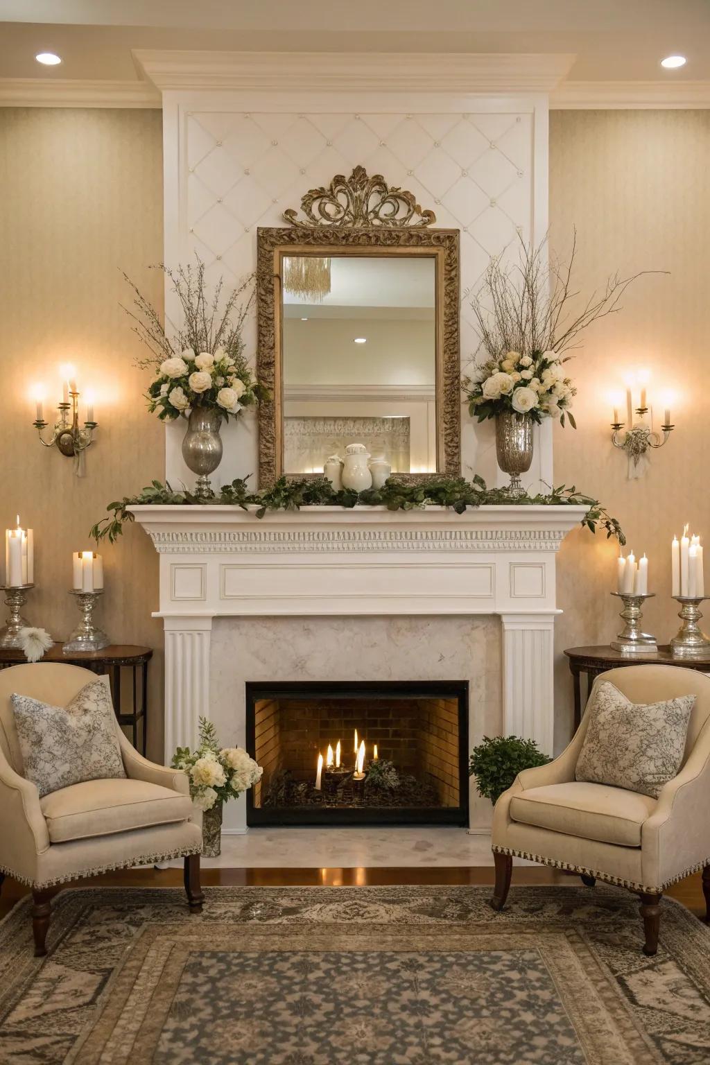 Structural balance offers stability to this fireplace setting.