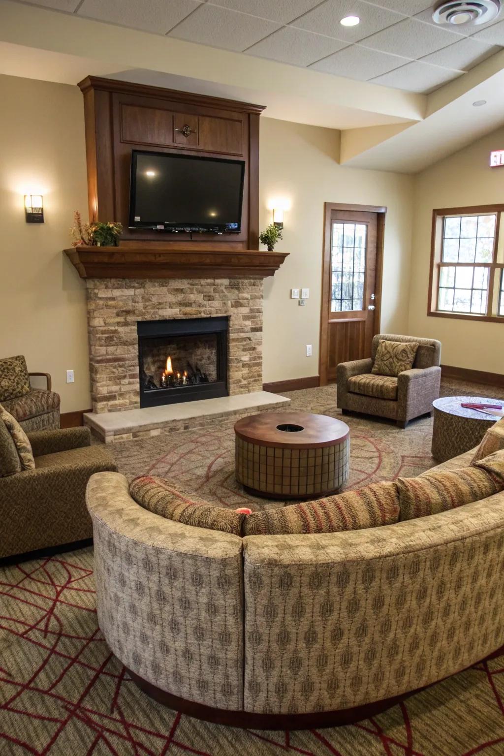 A functional living area layout featuring circular seating and a fireplace.