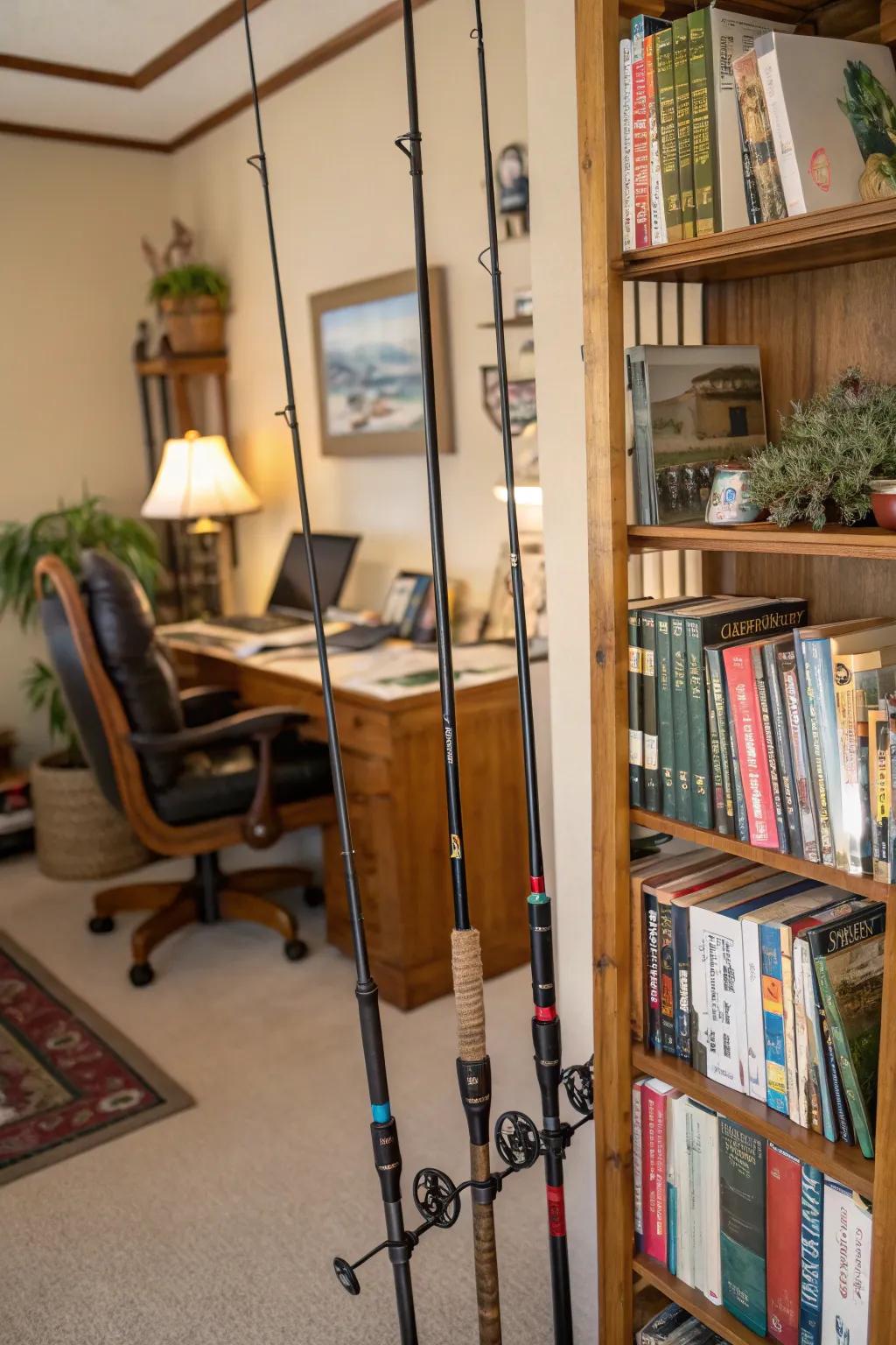 Angling tools provide quirky support for stylish bookshelves.