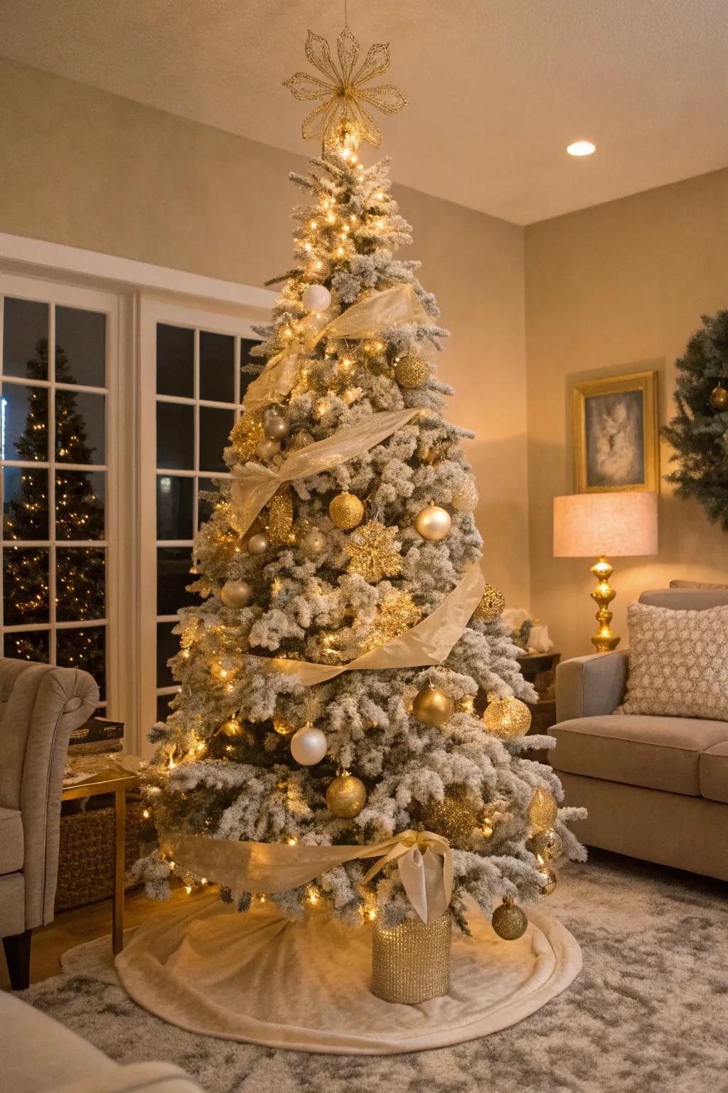 A welcoming and gilded-themed flocked Christmas tree.