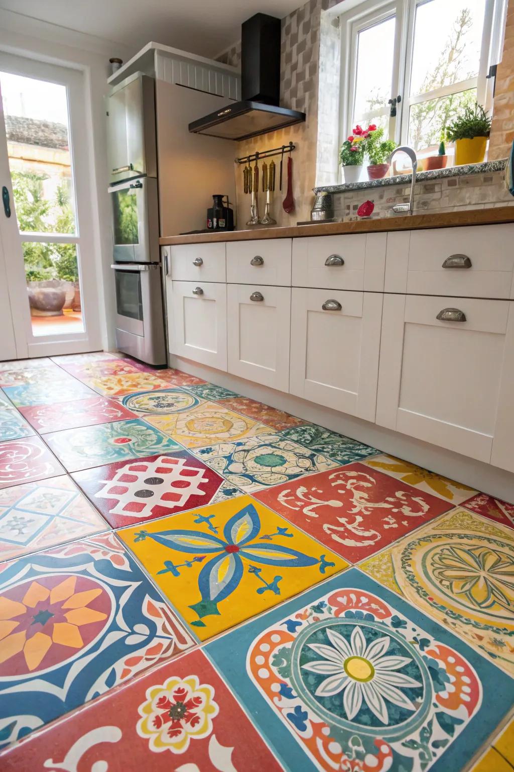 Colorful panels introduce energy and vibrancy to cooking area floors.