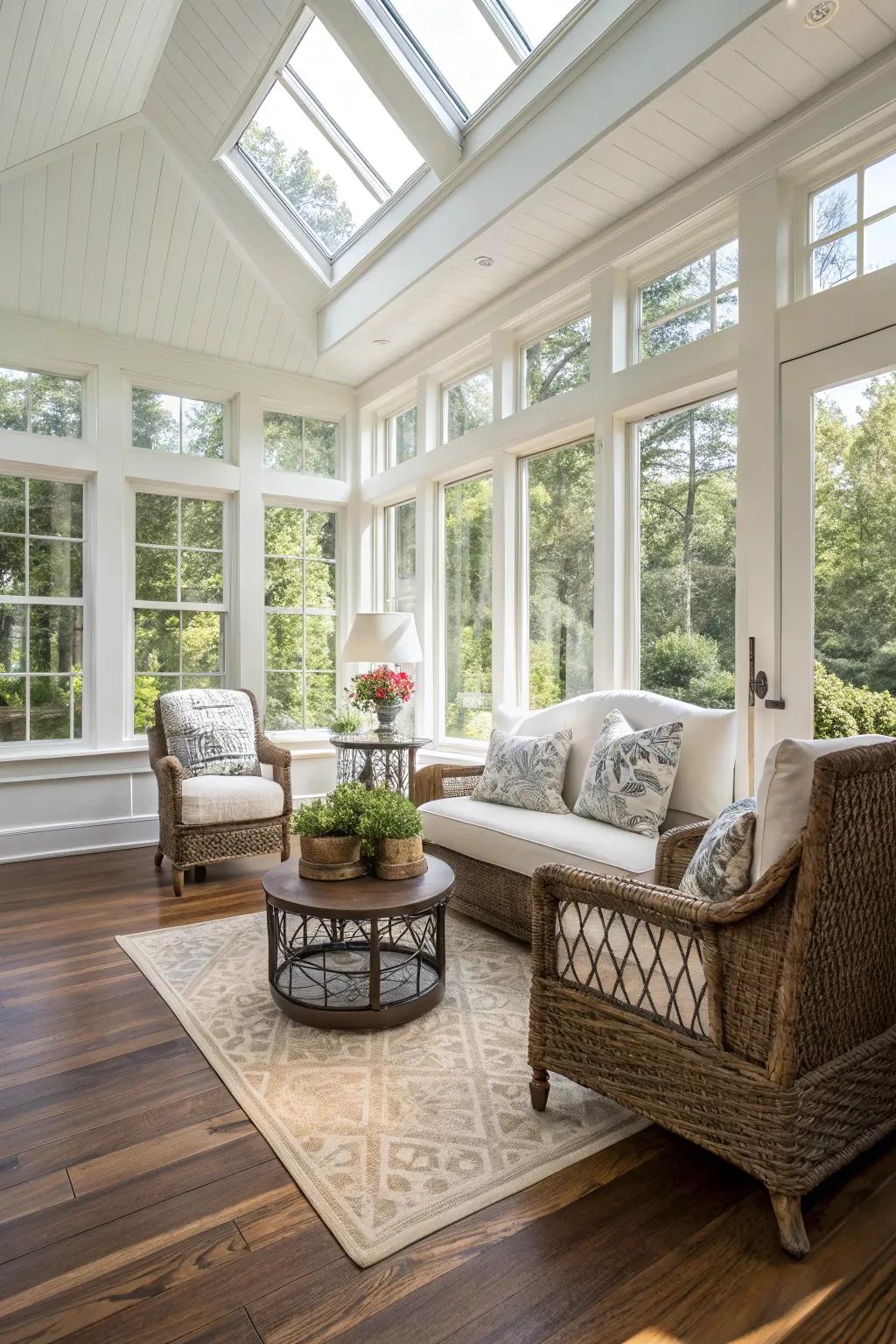 Reliable and stylish sunroom with built wood flooring.
