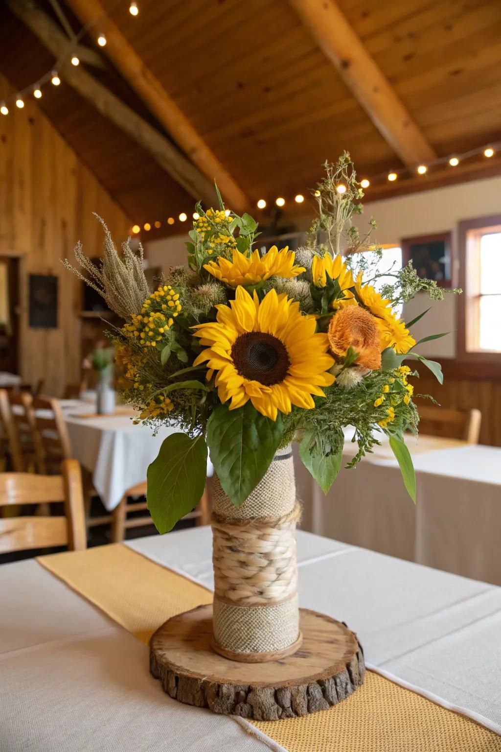 Bold sunflower centerpiece, bringing a ray of sunshine and happiness to your table.