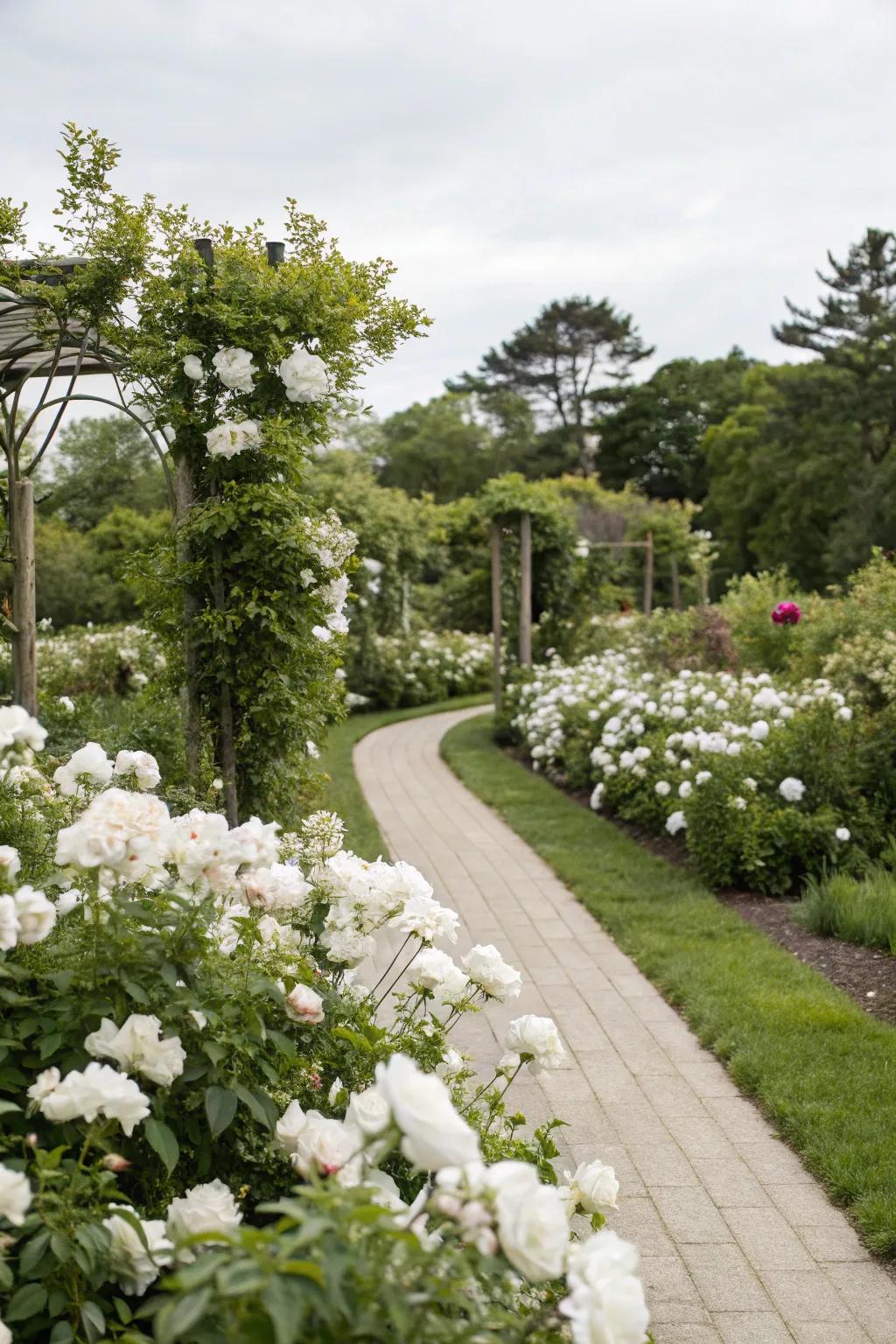 A serene floral perimeter featuring graceful white blossoms and abundant verdant foliage.