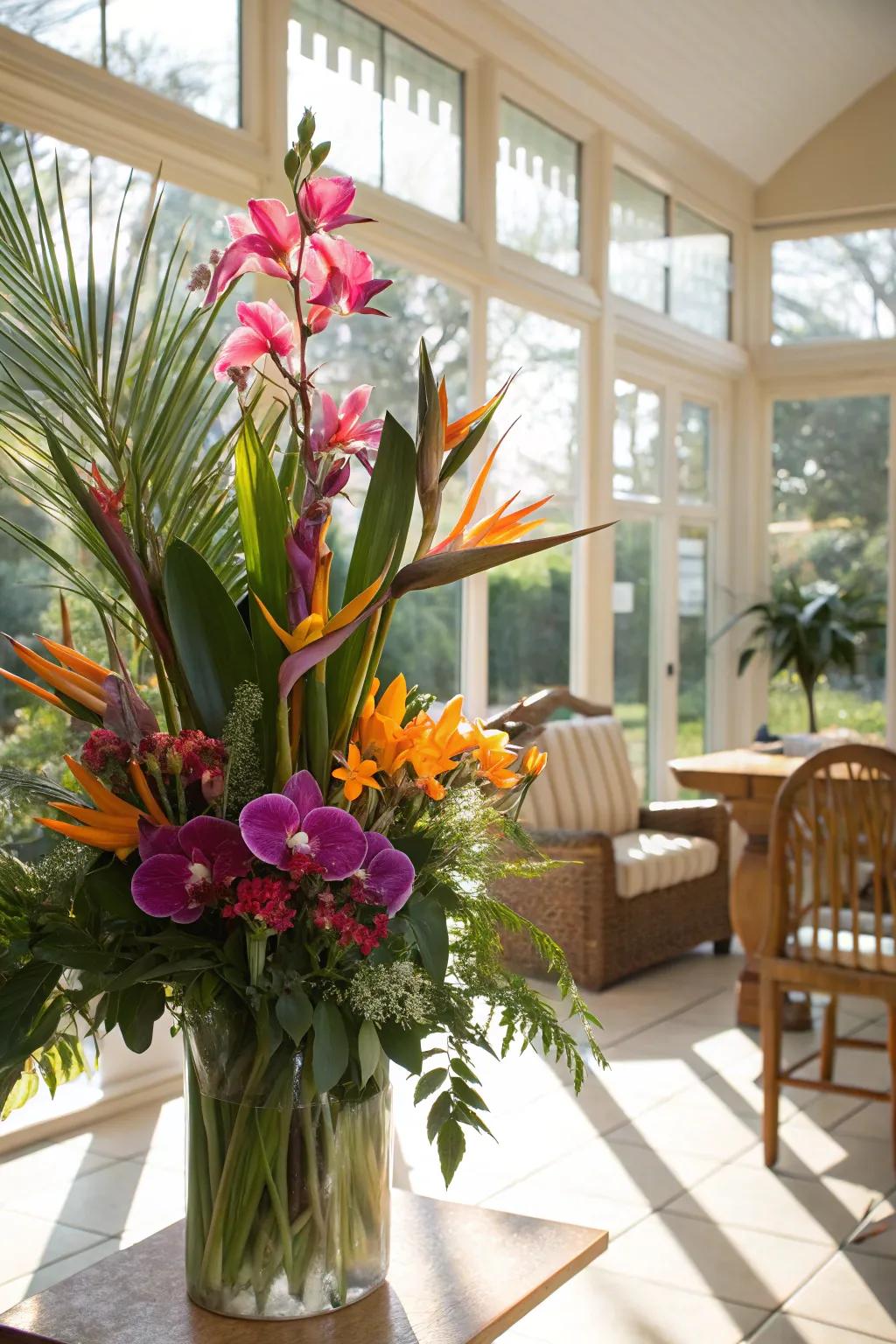An exotic arrangement developing an exotic atmosphere in a sunroom.