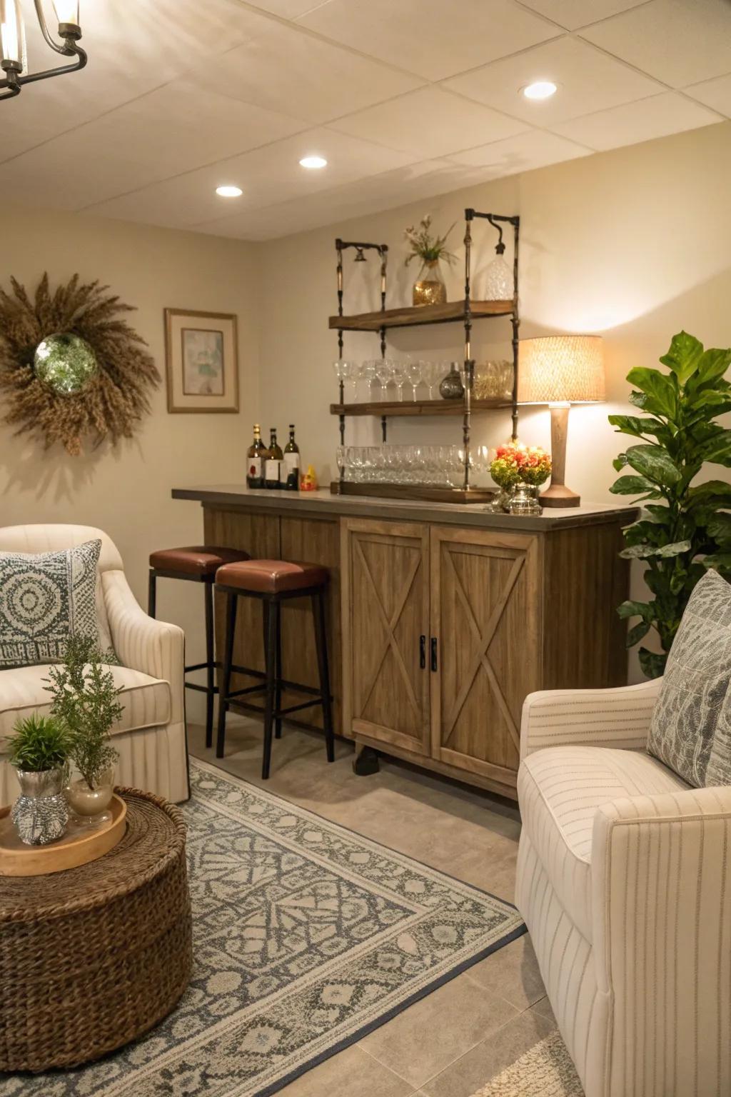 A snug corner bar that entices personal assemblages.