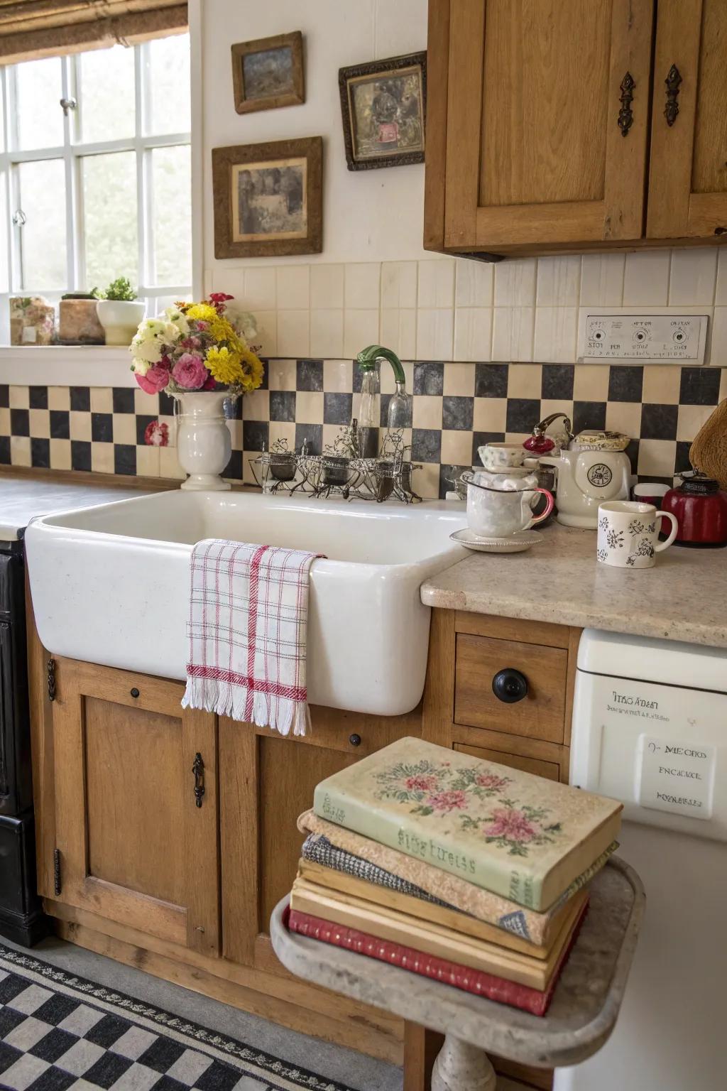 A vintage kitchen area enhanced by an antique independent sink.