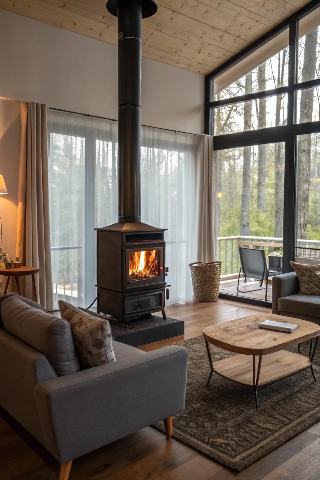 The fireplace is made to stand out by the elevated platform.