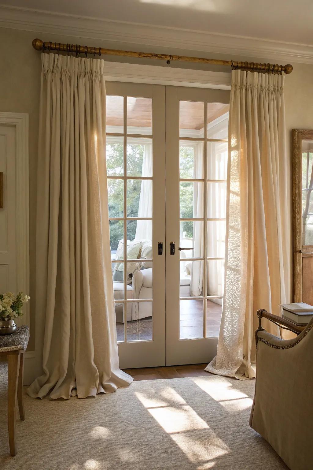 Flax textiles add charm to French doors.