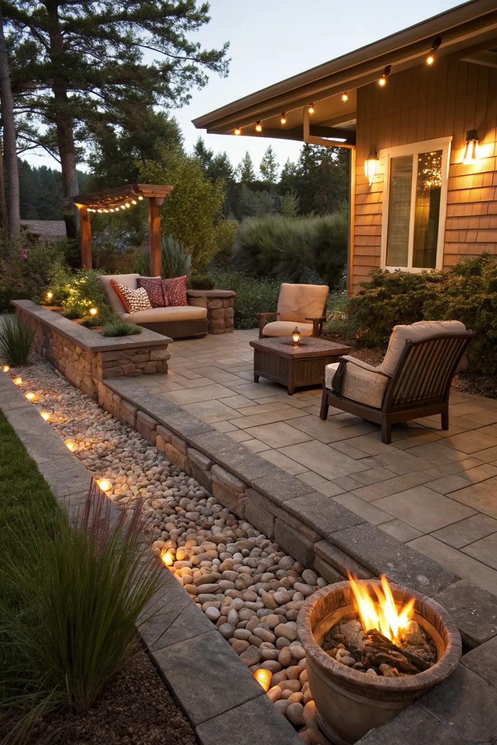 An inviting patio with an outdoor fireplace, making the most of a French drain area.
